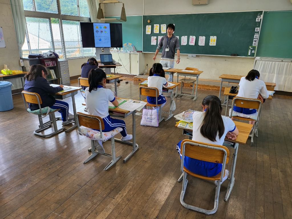 戸原小学校の教室でゴミの現状などについて説明する市の職員の話を聞いている4年生の児童らの写真