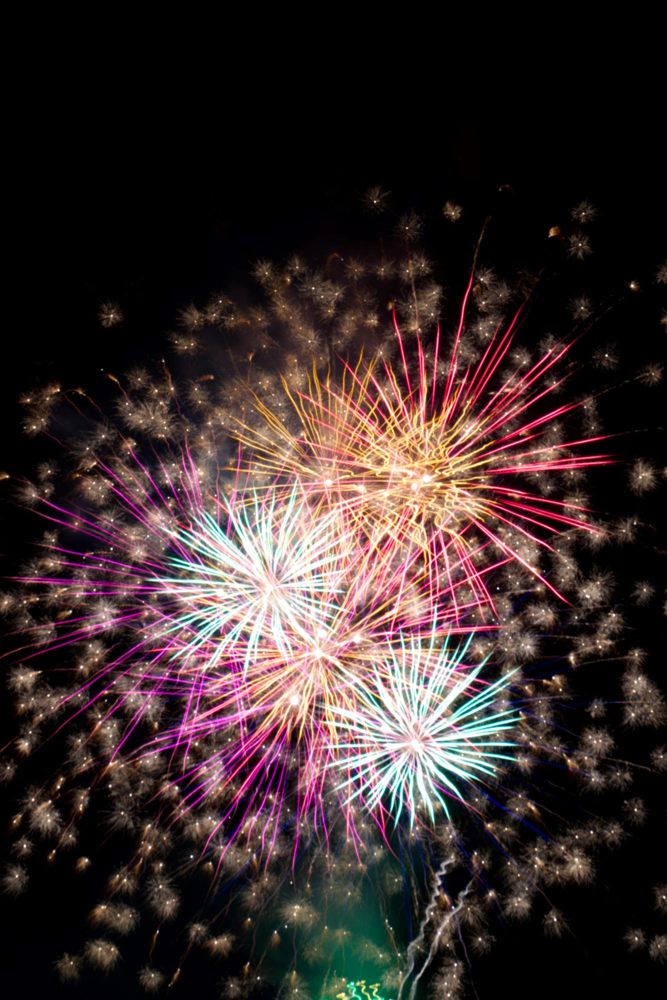 打ち上げられた花火が大輪を咲かせた花のように夜空を彩っている写真