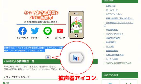 ページ上のテキストの一部を範囲指定しているその周辺に拡大表示された拡声器マークの画像(拡声器アイコンと追記)