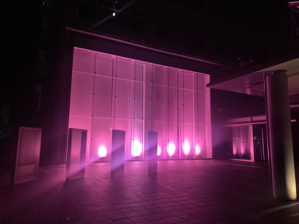 宍粟市役所がピンク色にライトアップされている写真