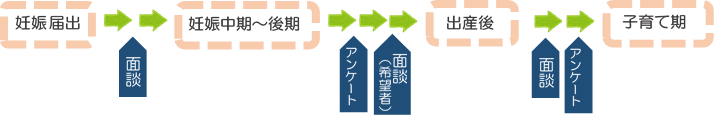 面談やアンケート実施タイミングなどを時系列で記載した伴走型支援のイメージ図