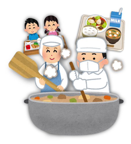 給食の調理をしている調理師と給食を食べている子どもと給食のイラスト