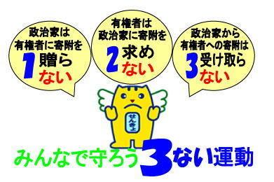 みんなで守ろう3ない運動 1政治家は有権者に寄附を贈らない 2有権者は政治家に寄附を求めない 3政治家から有権者への寄附は受け取らない