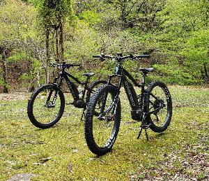 森林の中に電動アシスト付きマウンテンバイクが二台並べて置いてある写真