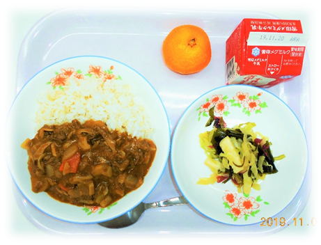 鹿肉を使ったもみじカレーライスと牛乳と野菜が並んだ献立の写真