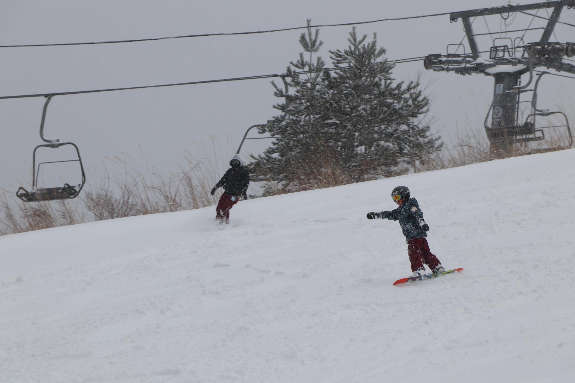 親子でスキーをしている写真