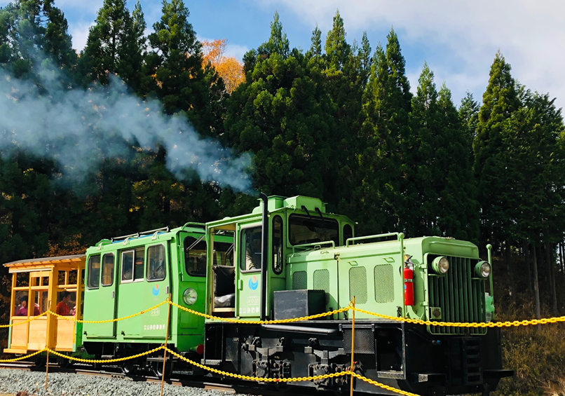 波賀森林鉄道の機関車が煙をあげてゆっくりと進んでいる画像