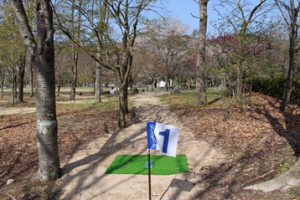 青色で1と書かれた旗が設置されているAコース1番ホールのティグラウンドの写真