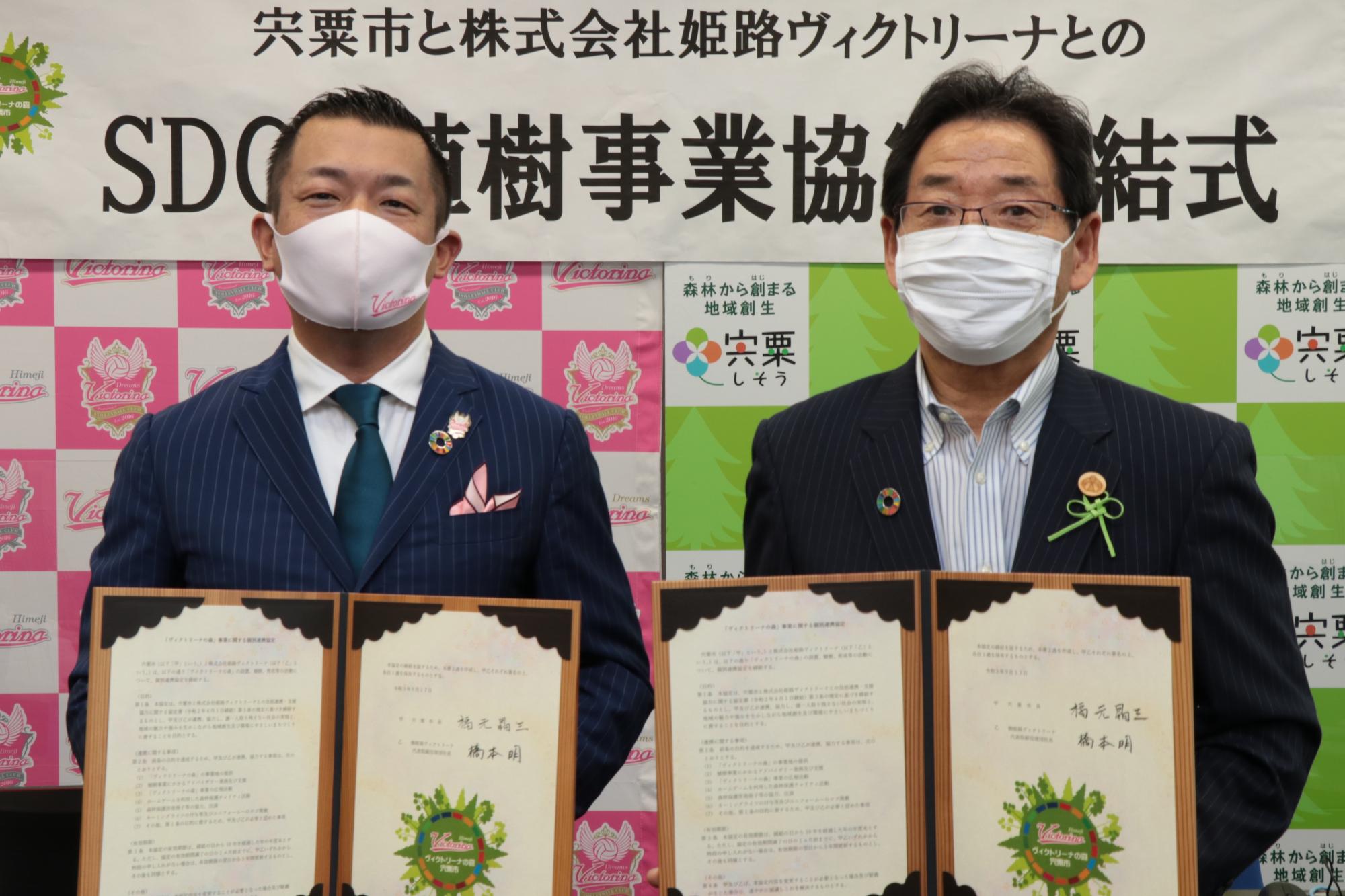 姫路ヴィクトリーナの橋本社長と福元市長が協定書を手に横に並んでいる写真