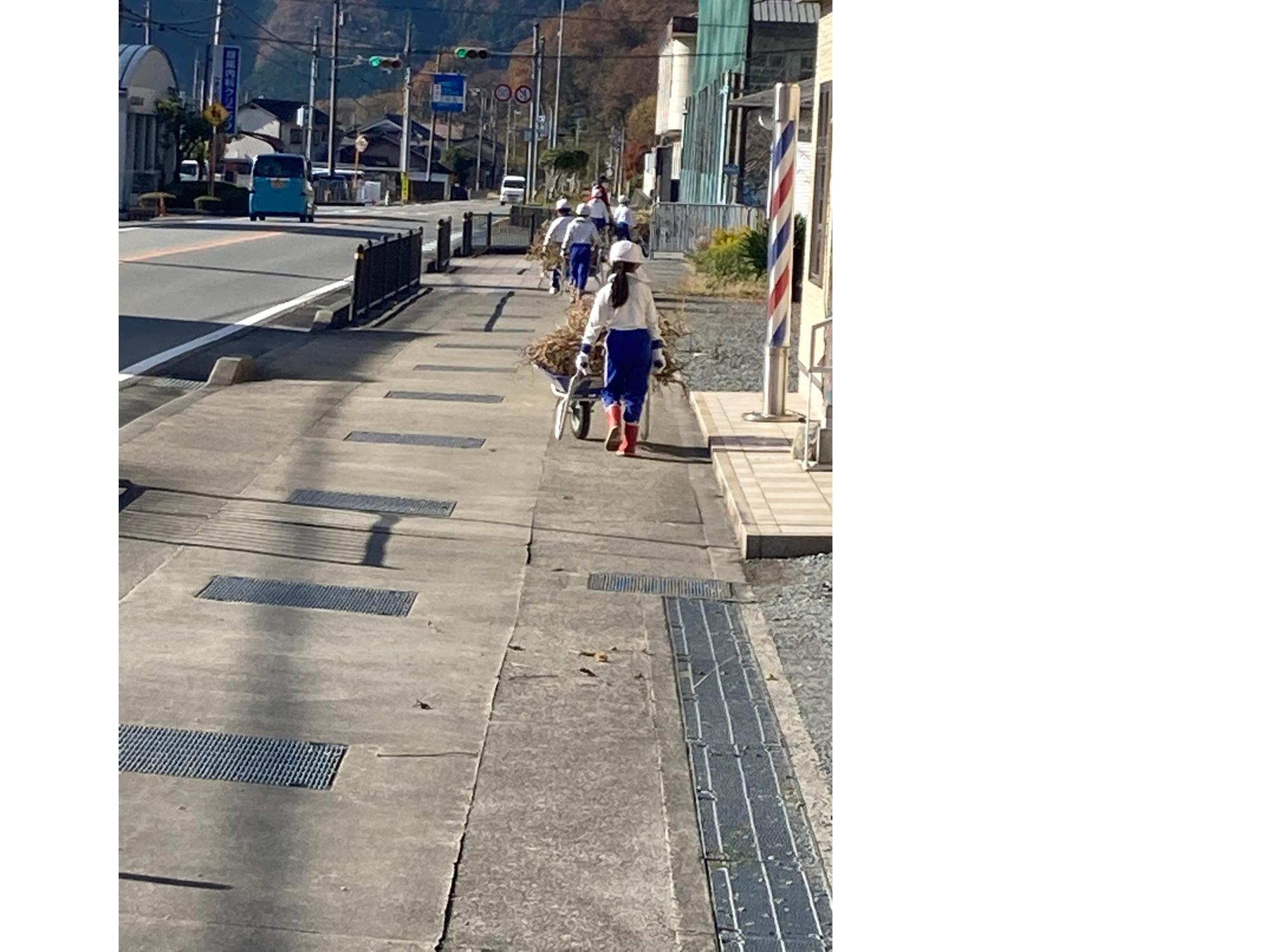 一輪車で列をなして大豆を運ぶ児童ら