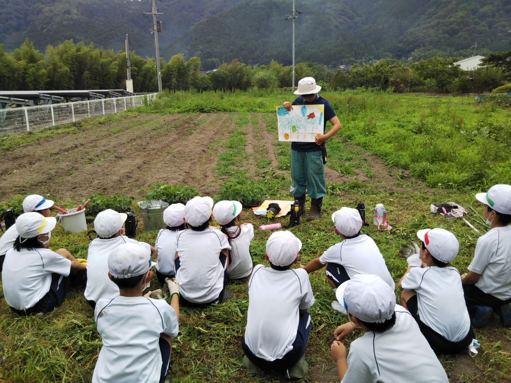 蔦沢小学校近くの畑で地元住民から大豆が成長する仕組みを学ぶ児童ら