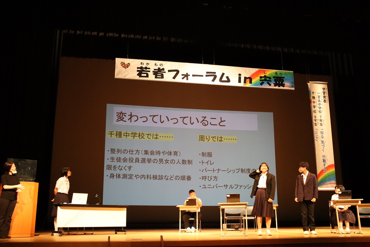 千種中学校の生徒が性別による社会の固定観念を学校生活に関連させて問題提起した寸劇を披露している写真