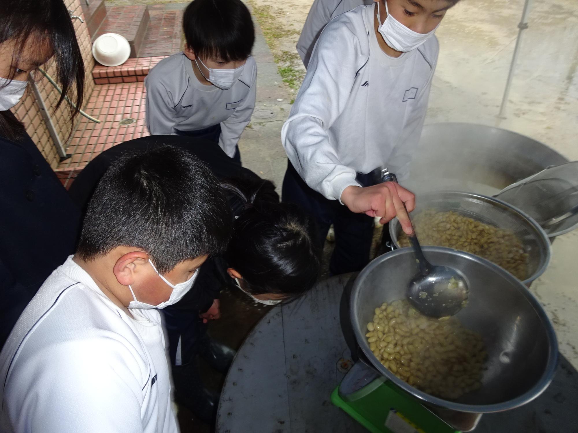 煮込んだ大豆を鍋からお玉ですくって秤の上に置かれたボウルに移し、大豆の重量を計っている児童とその周りで重量を注意深く見ている児童たちの写真
