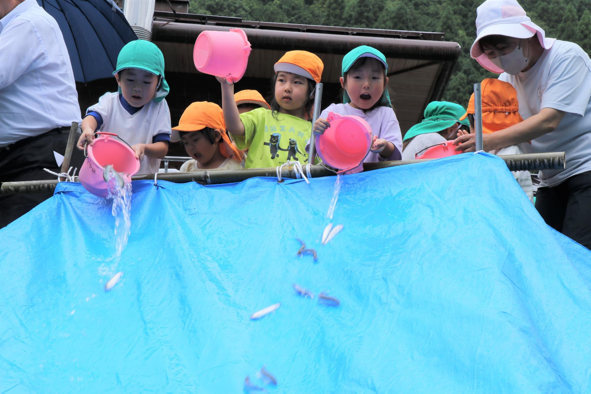 波賀みどり保育園の園児らが鮎の稚魚をバケツから放流している様子