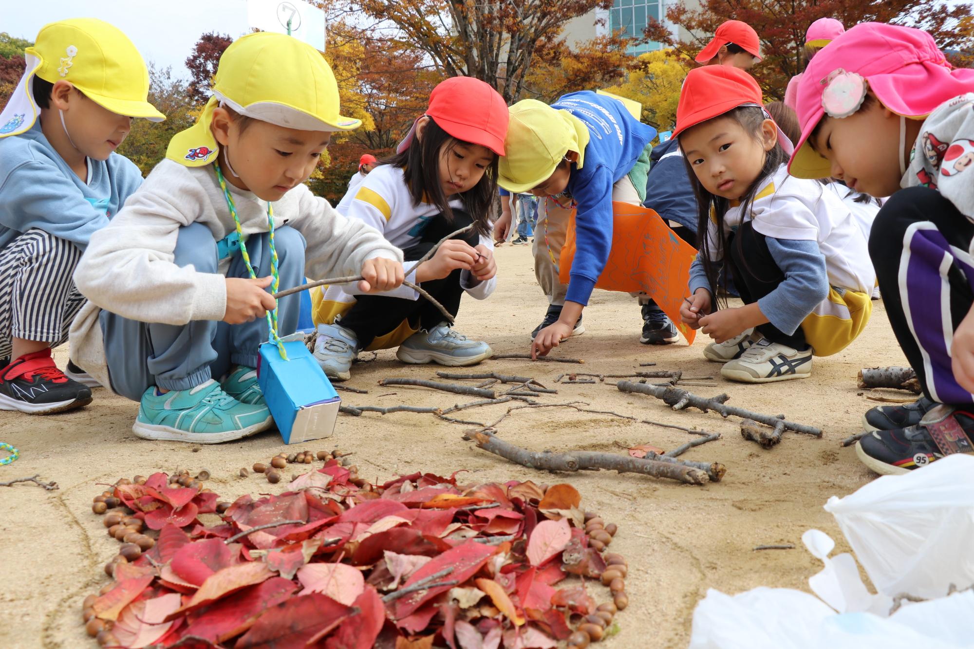 園児たちがあつめた落ち葉などで絵を描いている様子