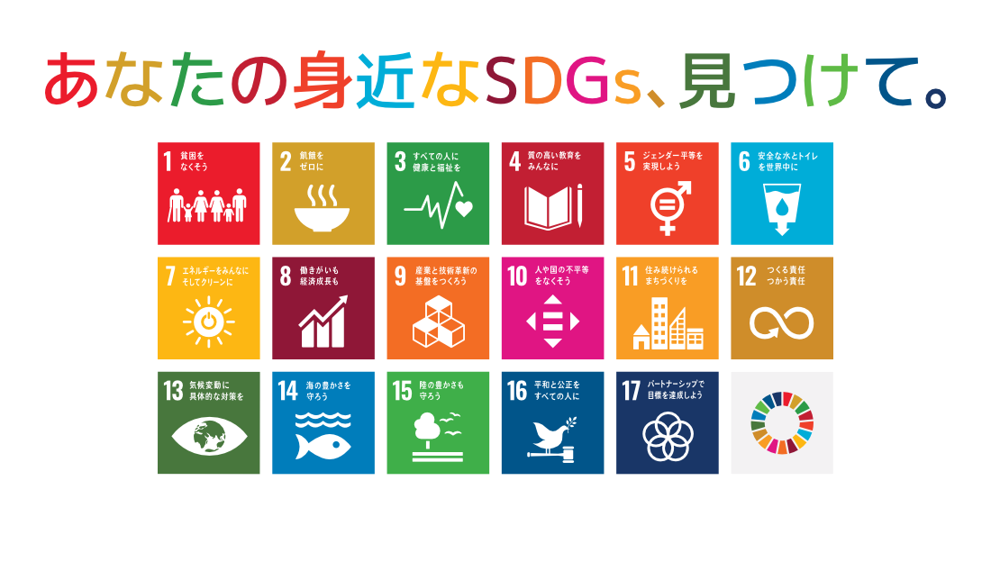 あなたの身近なsSDGs,見つけて。SDGsの項目が並んでいる画像