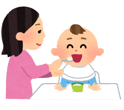 お母さんがにっこり笑う赤ちゃんに離乳食を食べさせているイラスト