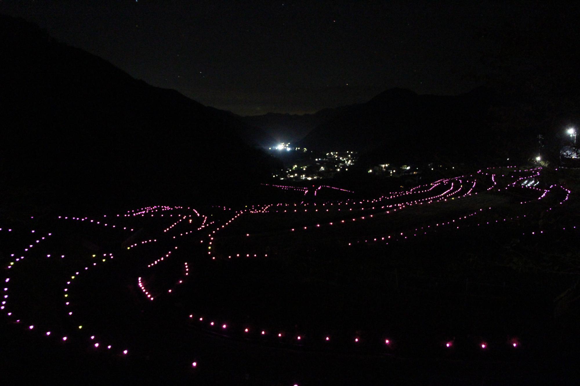 幻想的に闇夜に浮かび上がる棚田の灯りの写真