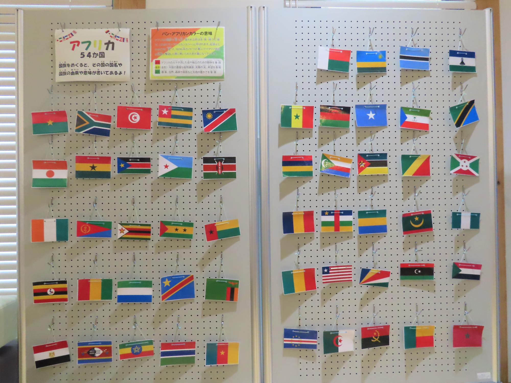 アフリカ54か国の国旗が貼られたボード