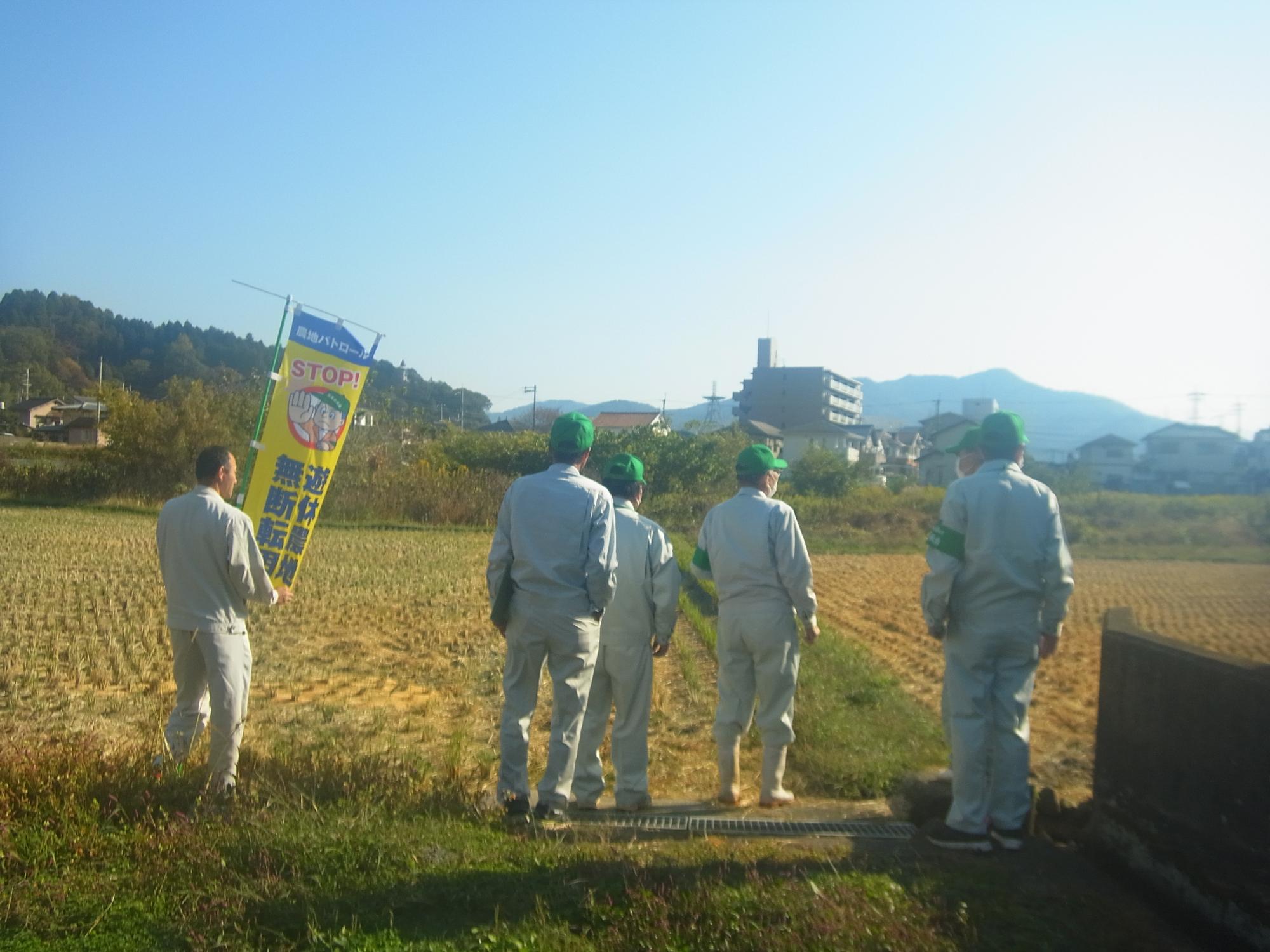 山崎町の田んぼで管理状況を調査する農業委員らの写真
