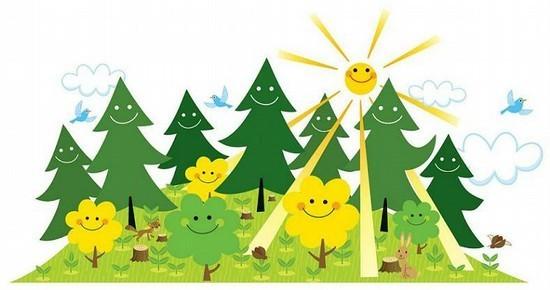 針葉樹と広葉樹と太陽が笑顔の森林のイラスト