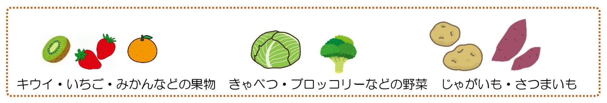 キウイ、いちご、みかんなどの果物、キャベツ、ブロッコリーなどの野菜、じゃがいも、さつまいものイラスト