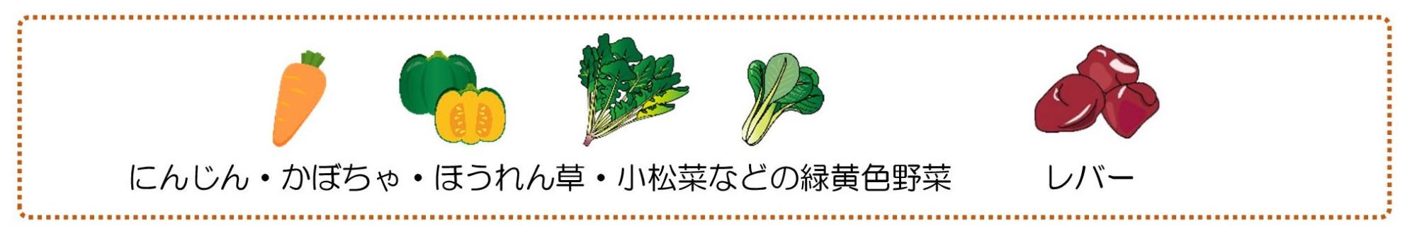 にんじん、かぼちゃ、ほうれん草、小松菜などの緑黄色野菜、レバーのイラスト