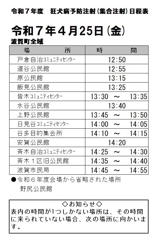 令和7年度狂犬病予防注射日程表（波賀町）