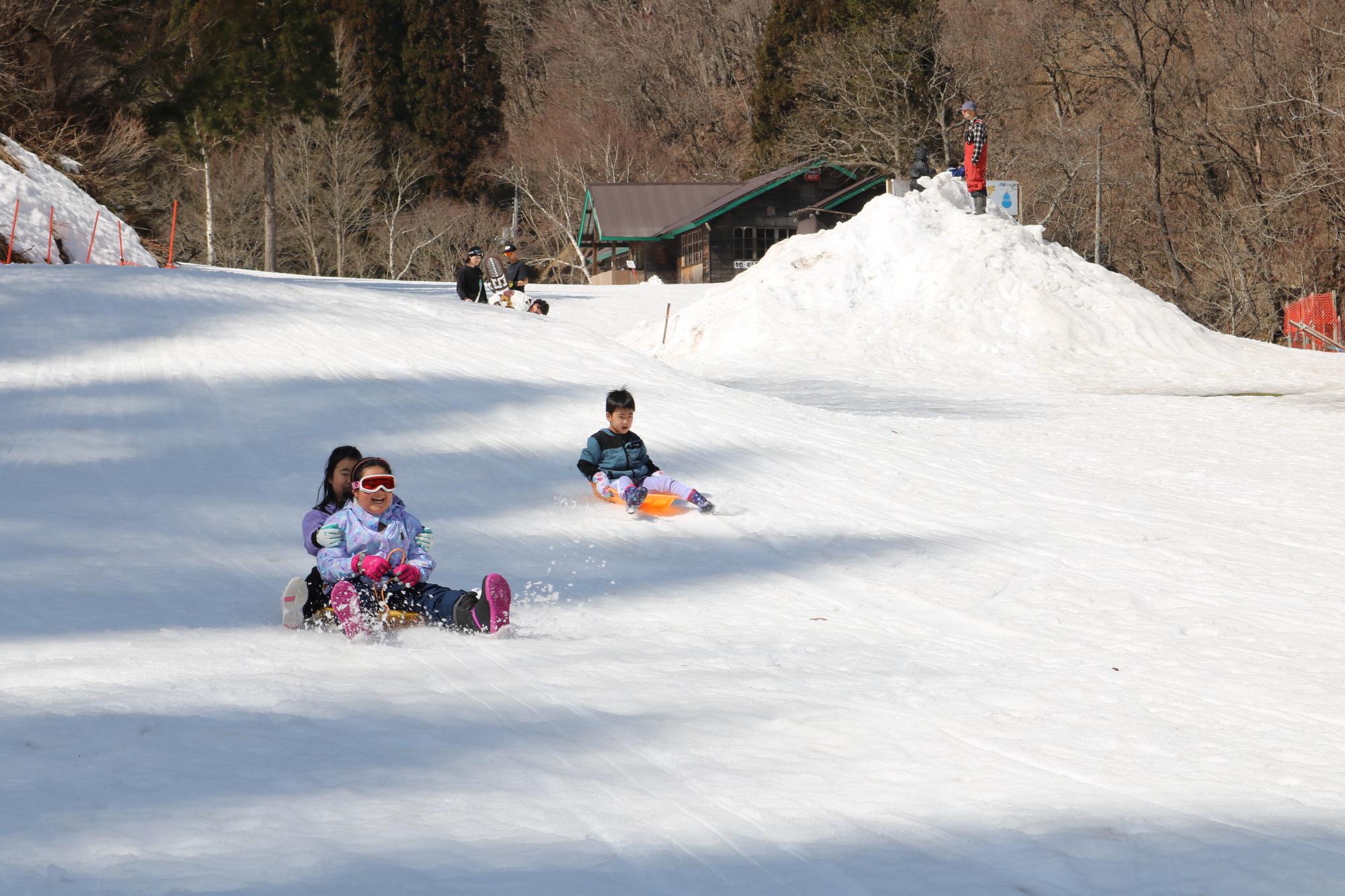 スキー場のキッズパークでソリ滑りを楽しむ子どもたちの写真