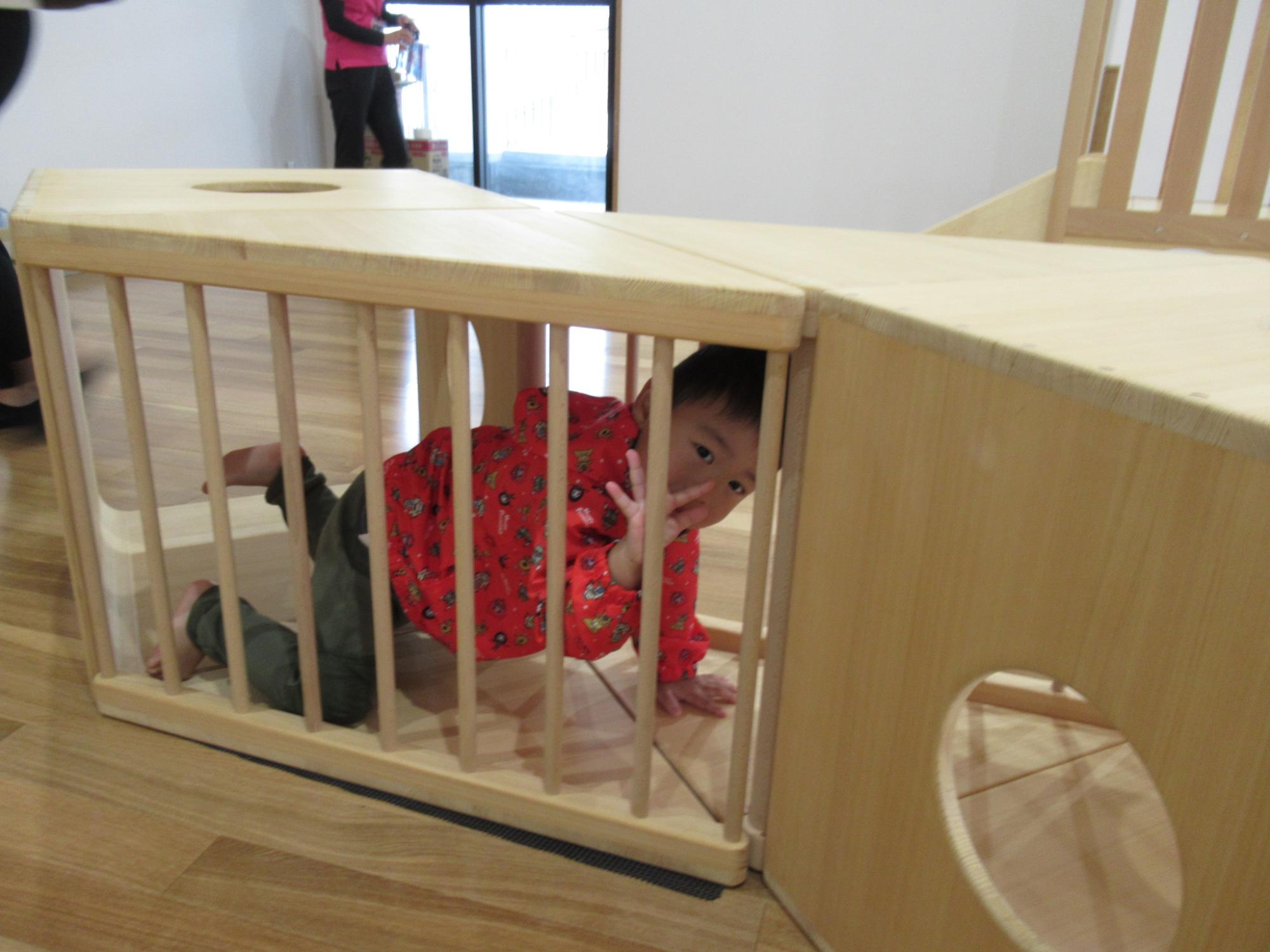 トンネルのような形の木製遊具の中を子どもが這いながら進んでいる写真