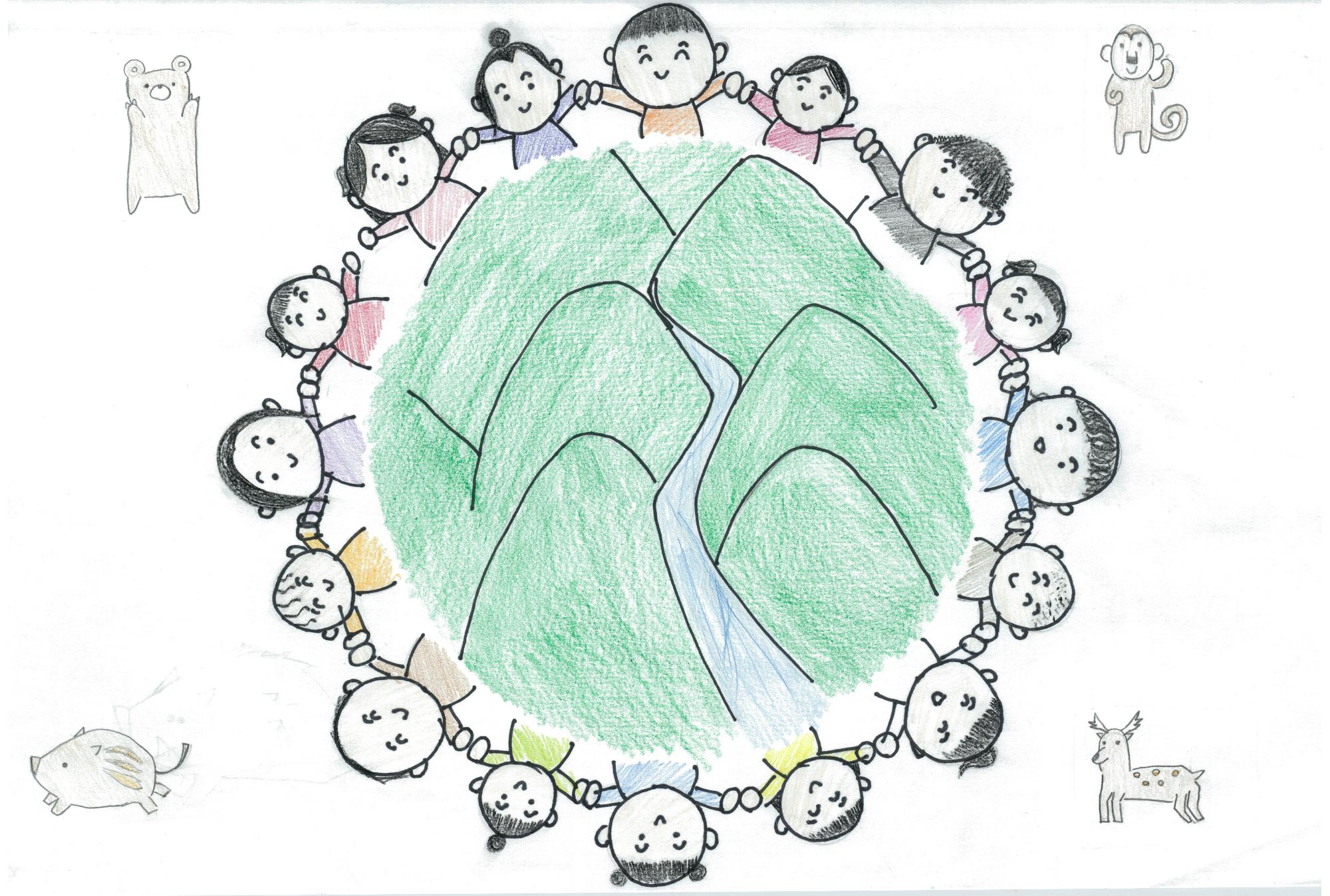 16人の子どもが笑顔で宍粟市の山と川を囲んでいるイラスト