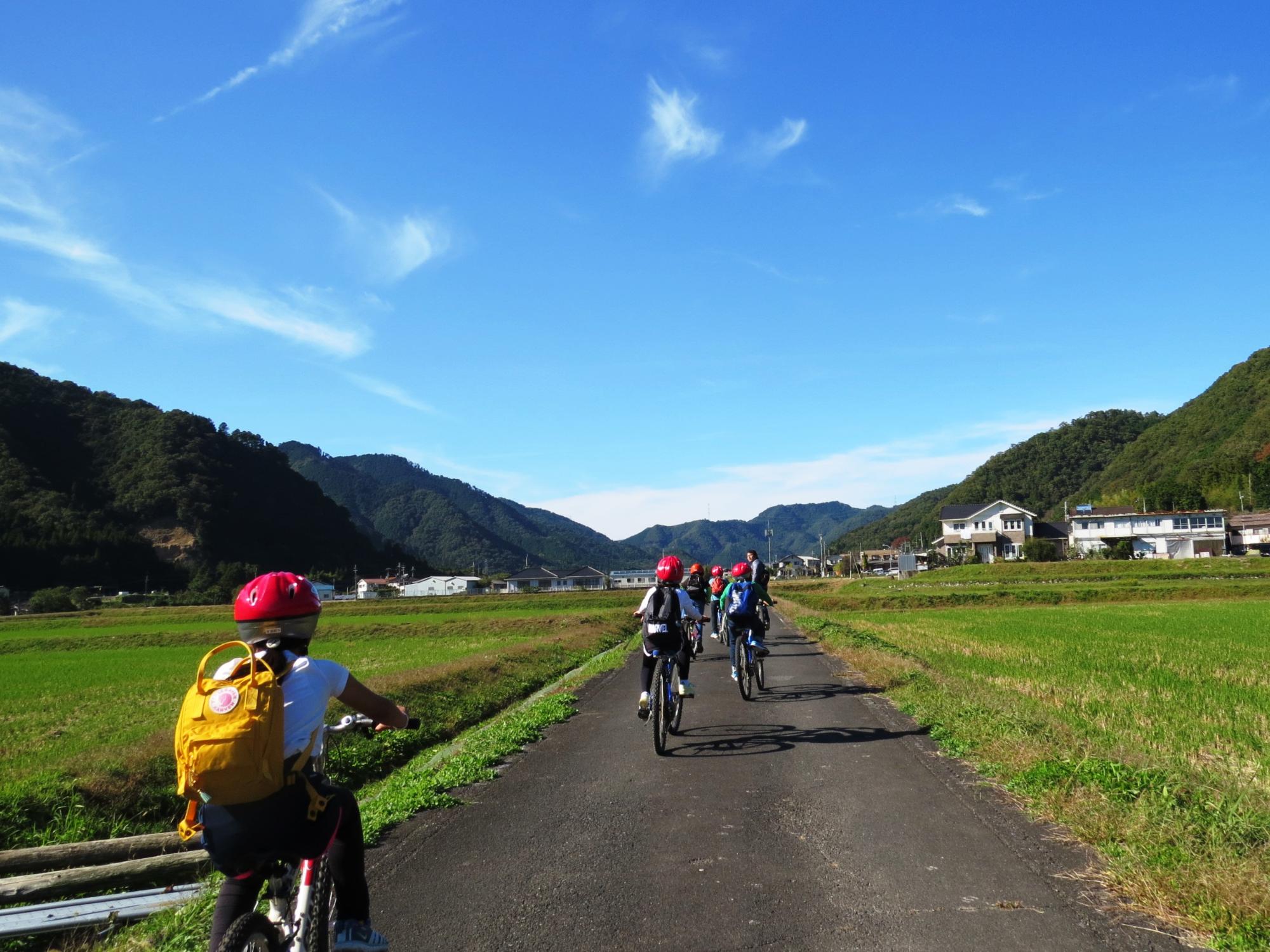 まっすぐに伸びる農業用道路を元気よく自転車で走る子ども達の写真