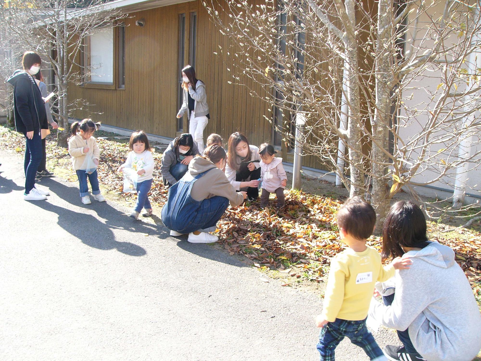 いいお天気の中、宿泊棟周辺で落ち葉やどんぐりを拾うなないろの親子のみなさんの写真