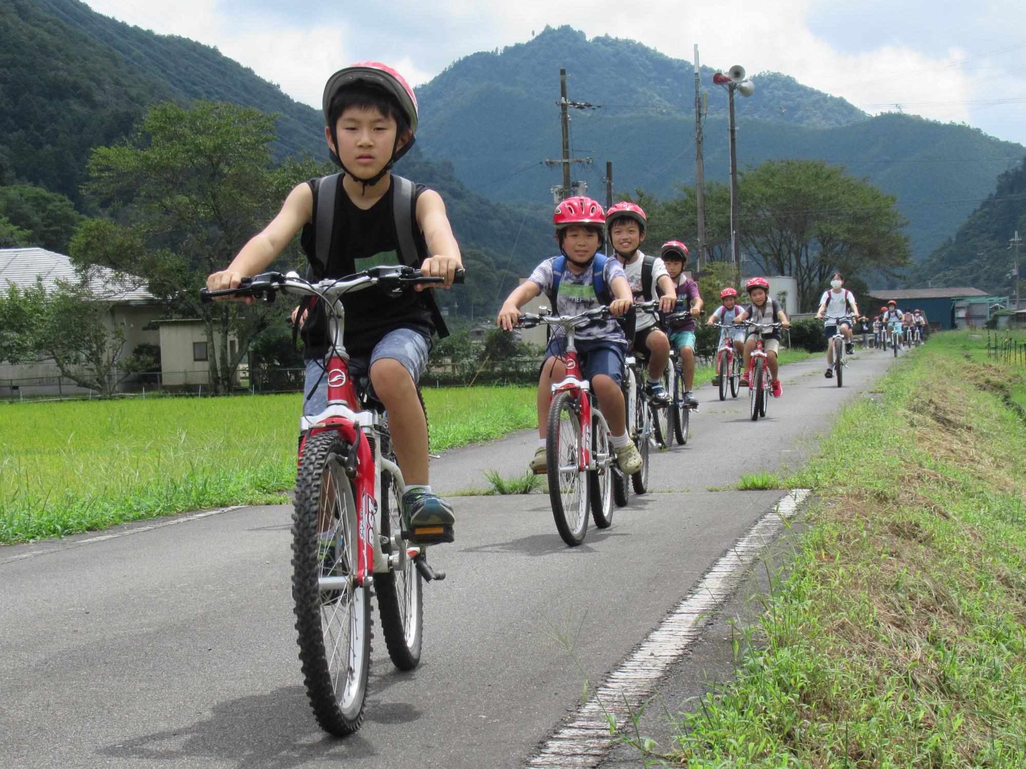 農道でサイクリングを楽しむ子どもたちの写真