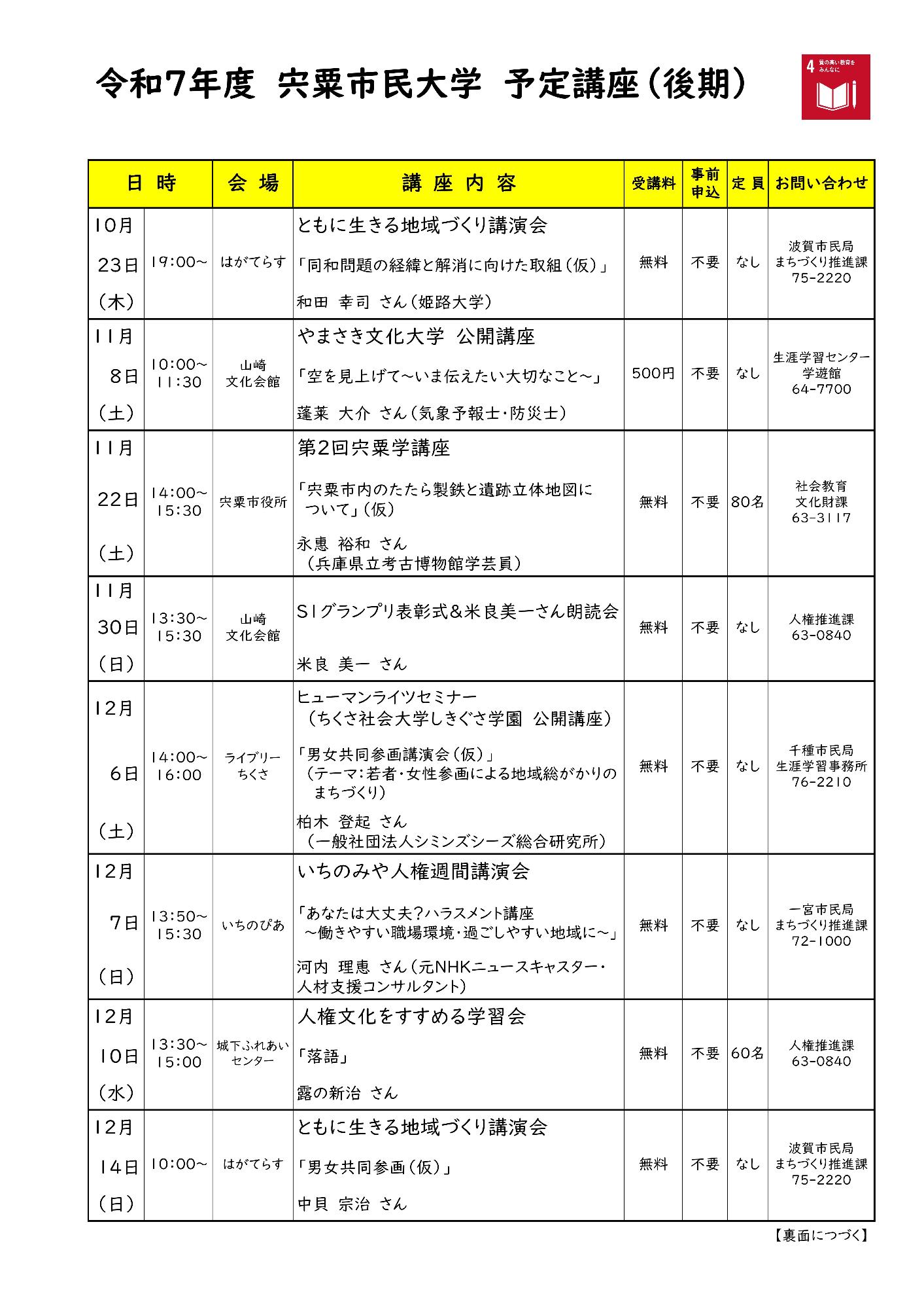令和７年度宍粟市民大学後期日程表1