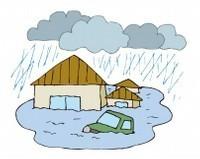 水害のイラスト。降り続く雨で家と車が浸かっています。