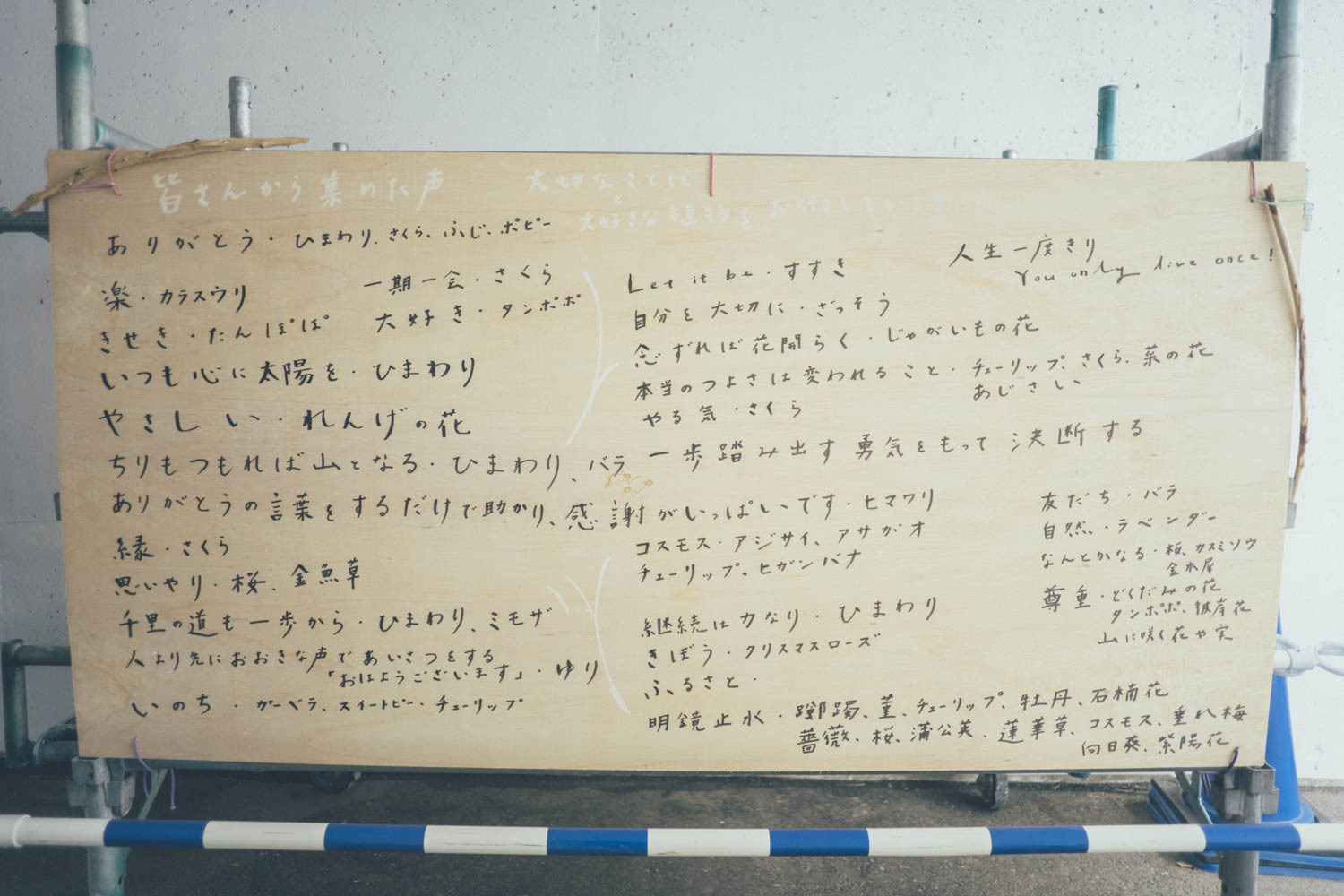 山崎インター歩行者通路リニューアル事業に「集まった声」が記入された木製ボードの写真